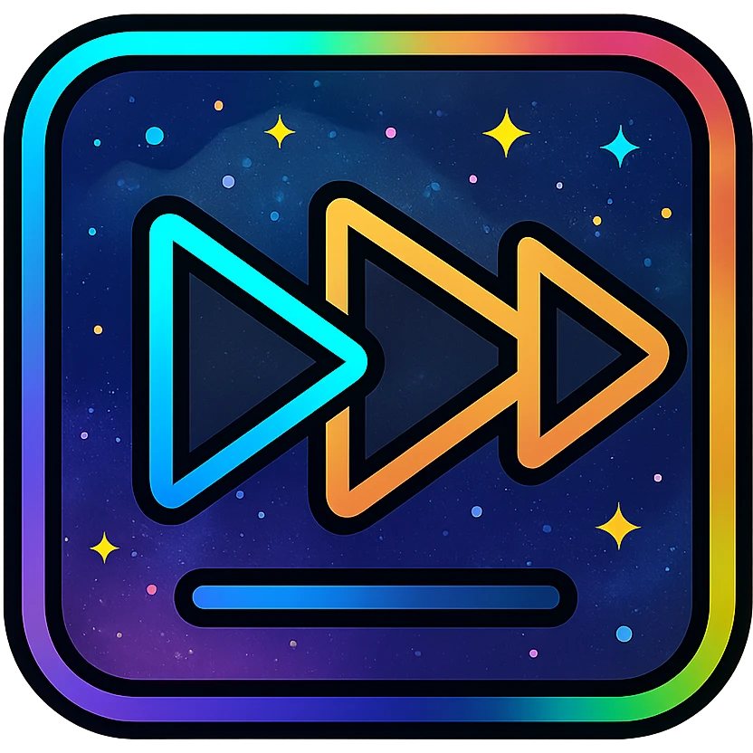 next song icon with dark purples, blues, black base, neon glowing border, nebula gradients, small bright stars, subtle glow, specular highlights, luminous effect, accent colors cyan, pink, yellow, green, orange, consistent with media controls set emoji