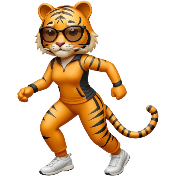 female energetic anthropomorphised tiger in sports clothes, wearing dark sunglasses, walking upright, dynamic pose emoji