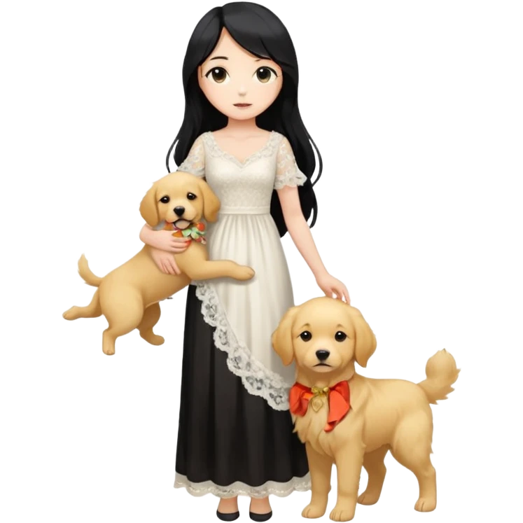 Pastel anime lady long hair with long lace dress full body holding puppy emoji