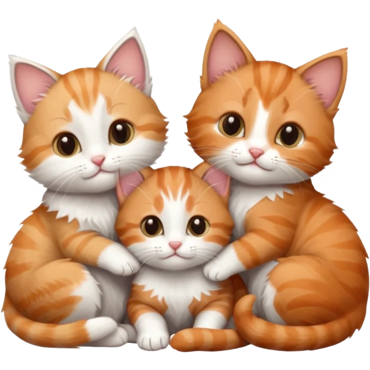 3 tiny kittens cuddling together all different colours, the first one is grey and white, the second is ginger and white and the third is brown tabby and white emoji