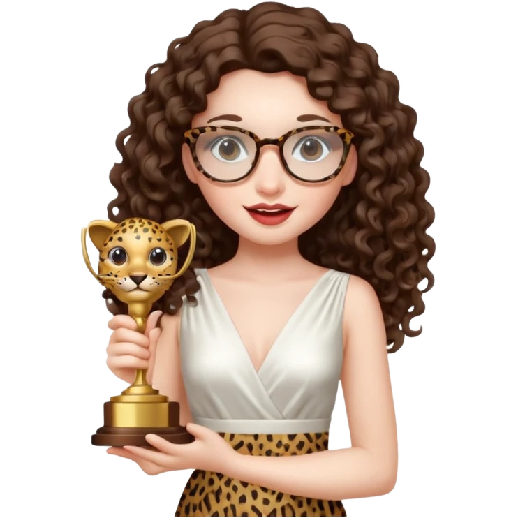 A girl with white pale skin,  full lips, brunette LONG curly hair. She is wearing a white  silk dress. She is holding an award and happy. She has a leopard print round-ish shaped glasses.  emoji
