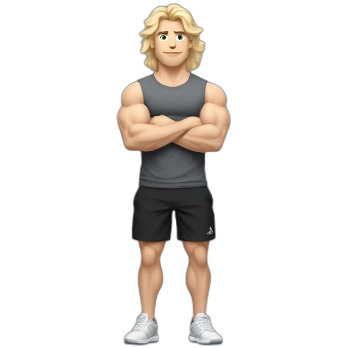 Full height Pale skinned fit man With biceps and blonde Tousled hair In dark gray sleeveless mike, black oversize sports shorts, watch and white sneakers. his arms crossed over his chest emoji
