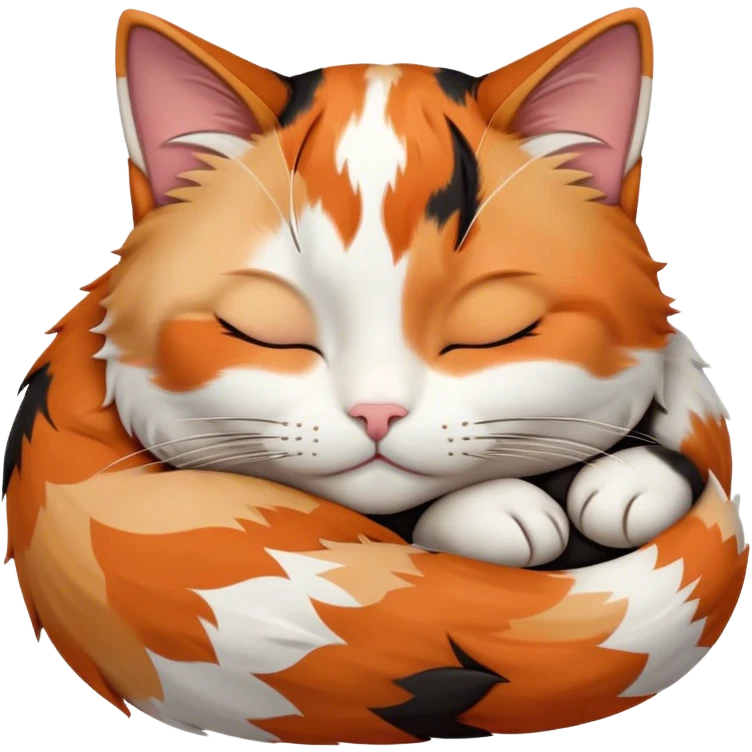 Meme-Worthy Cute Sleeping Calico Cat Portrait Emoji, Head resting peacefully with a content, gentle smile and softly closed eyes, featuring a delicate patchwork fur in vibrant orange, black, and white hues, simplified yet irresistibly endearing, highly detailed, glowing with a soft, drowsy radiance, high shine, exuding relaxed and utterly lovable charm, styled with a gentle, soft glowing outline, capturing the essence of a sleeping calico cat that appears destined to become a viral icon of adorable rest! emoji