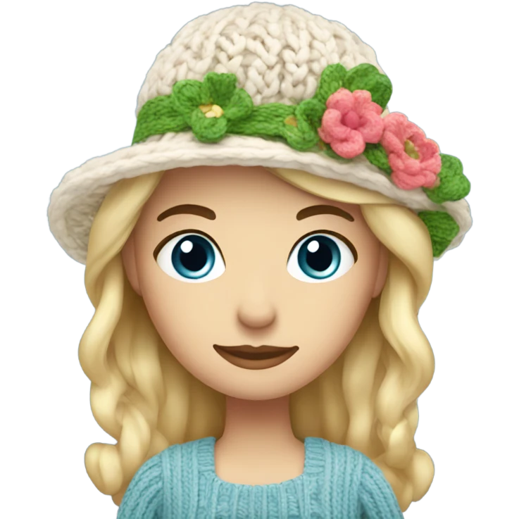 blonde woman with blue eyes knitting floral hat emoji