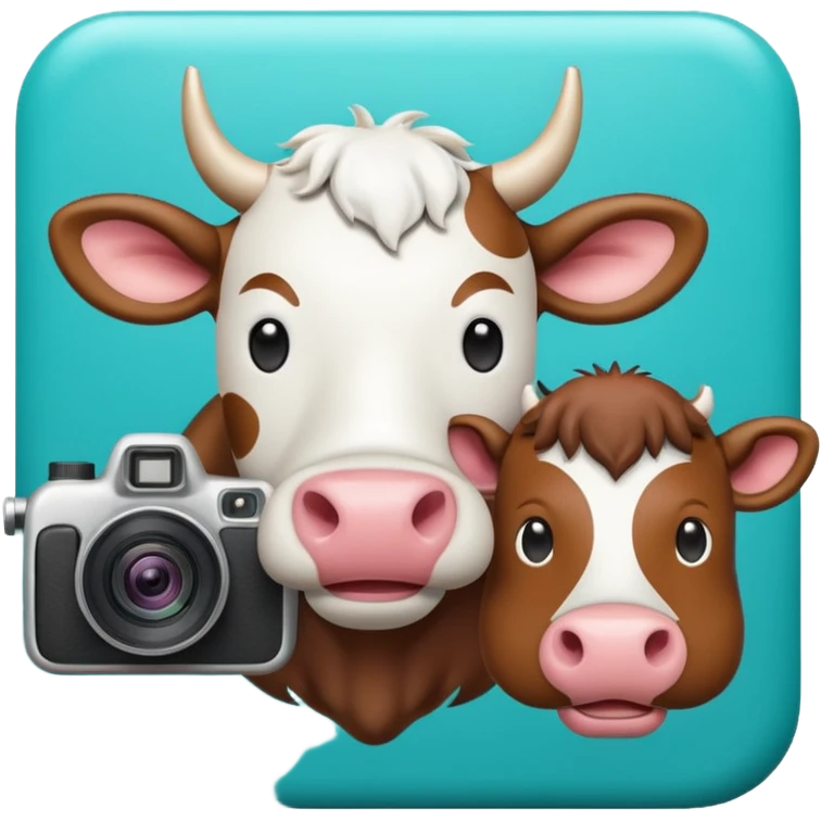 Emoji-style icon showing a cow and buffalo with a camera and image-upload symbol, representing taking a photo or selecting a file for breed detection. Simple, friendly, rounded design, clear at small sizes, teal and white accents, no text, transparent background. emoji