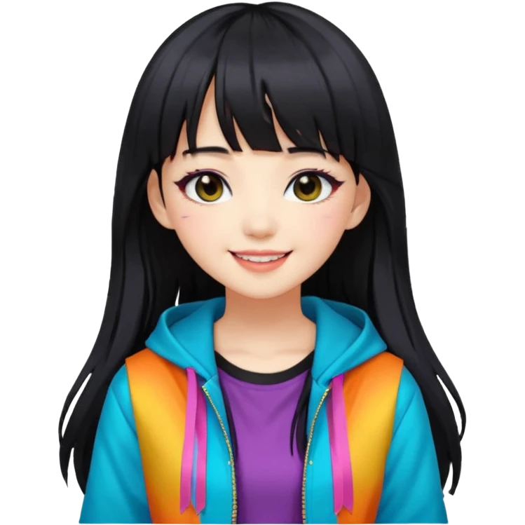Portrait of a female K-pop idol, wearing a stylish streetwear outfit with layered colorful clothing, long hair with bangs, makeup,  emoji