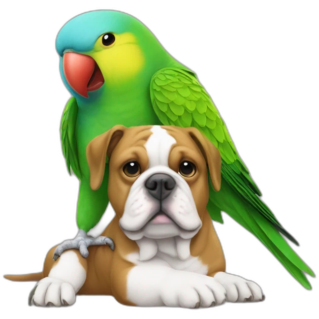 a green Parakeet sitting on a bulldog's head emoji
