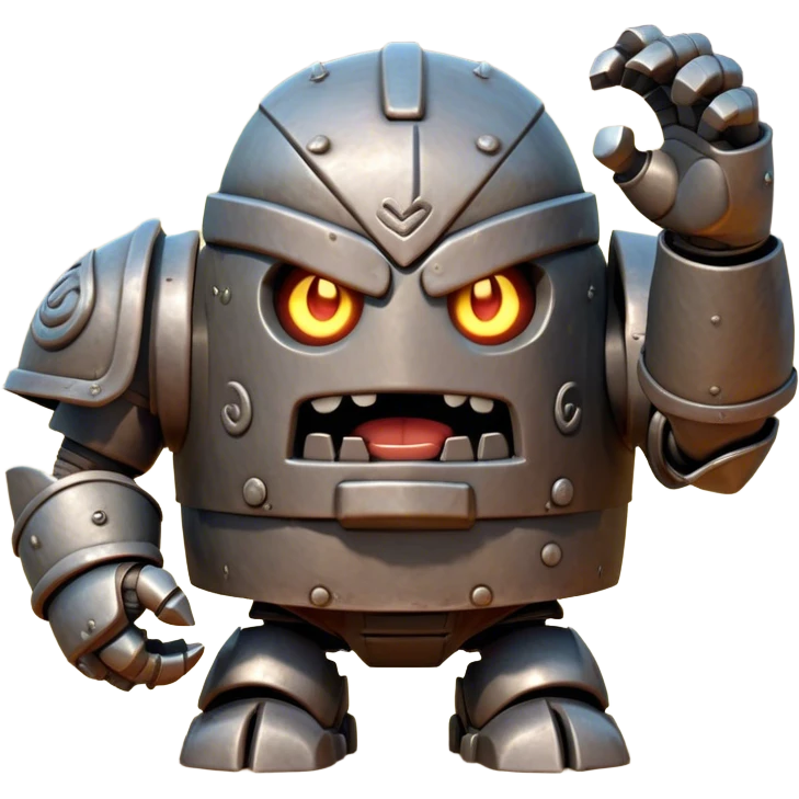 Cinematic Comical Mighty Iron Golem Portrait Emoji Head tilted dramatically with an exaggeratedly amused expression, featuring a bulky, armored form with a slightly lopsided stance, ancient runes flickering erratically, and one massive, jointed hand raised in a slow, deliberate wave. Wide, expressive glowing eyes give it an almost humorous, puzzled look, as if it’s contemplating something far beyond mortal understanding. Rendered with detailed metallic textures and deep, dynamic lighting, high shine, dramatic yet whimsical, styled with a hint of unexpected charm, soft glowing outline, capturing the essence of an endearing yet colossal guardian that looks ready to crack an impossibly slow, earth-shaking joke! emoji