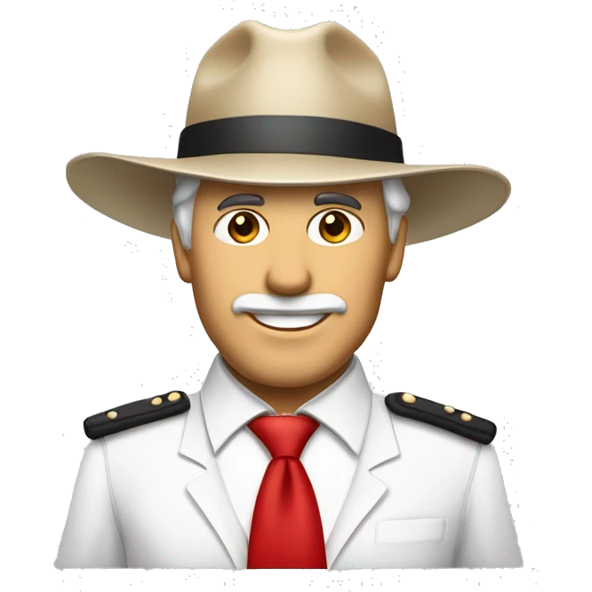 Homem de terno branco e vermelho e chapéu branco e vermelho  emoji