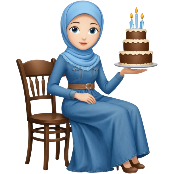 Turkish beautiful finish Konya girl blue eyes with denim hijab long tail dress and sits on the chair and holds cake with her hand  emoji