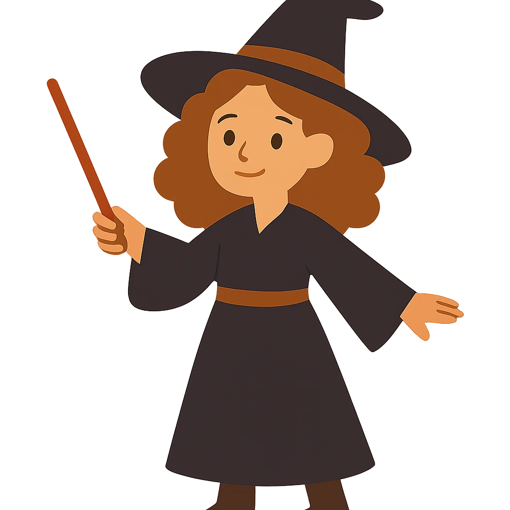 flat toon style witch with caramel brown curly hair emoji