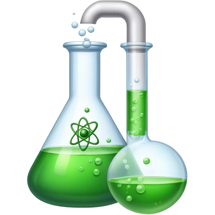 An icon featuring a chemical flask, bubbling with liquid, and an atomic structure, symbolizing chemistry. The design includes molecules, a periodic table, and laboratory equipment, representing the study of chemical reactions and elements. Transparent background highlights scientific research. emoji