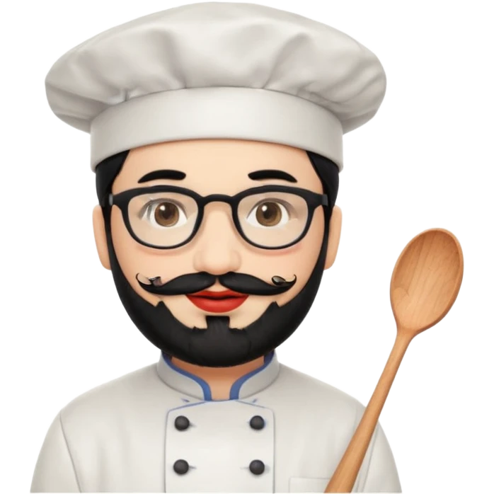 CHEF CON PIEL BLANCA, GORRO DE CHEF, PELO NEGRO Y BARBA NEGRA, OJOS MARRON OSCURO Y GAFAS DE PASTA NEGRAS. SONRIE Y TIENE MARCAS DE BESOS CON FORMA DE LABIOS EN LAS MEJILLAS (COMO MANCHAS DE PINTALABIOS) emoji