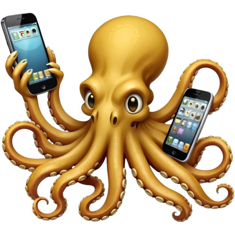Intimidating octopus made of bones. Evil looking eyes, wearing a gold necklace. 3 tentacles are holding their own cellphone with one held to the side of its face as if its on a phone call, 2 other tentacles are holding stacks of money emoji