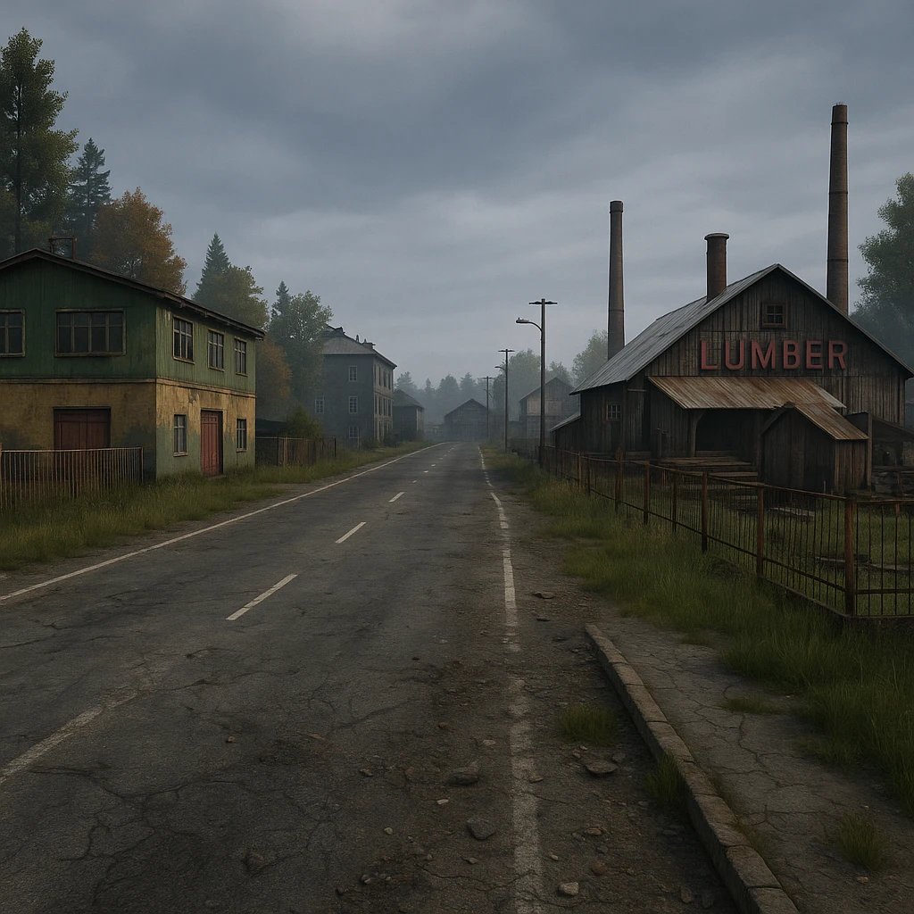 a view of the city street in a videogame: DayZ - in the town of berezio "lumber" [no text contained in the image] emoji