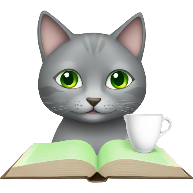 gray cat with green eyes drinks coffee and reads a book emoji