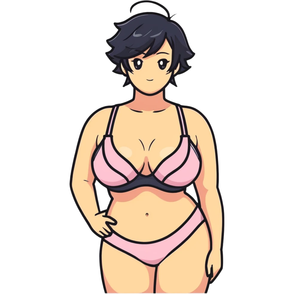 anime style woman with exaggerated proportions, large chest, wearing a bra emoji