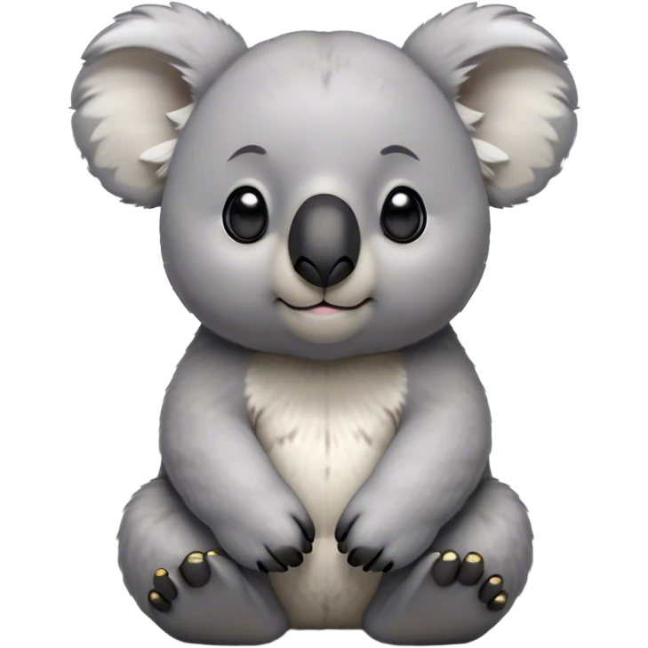 Cinematic Noble Koala Portrait Emoji, Poised and regal, with a stocky, cuddly build and a plush, well-groomed grey fur, large round ears and a distinctive big black nose, deep-set soulful dark eyes, Simplified yet sharp and sophisticated features, highly detailed, glowing with a soft, dignified glow, high shine, intelligent and gentle, stylized with an air of eucalyptus elegance, focused and attentive, soft glowing outline, capturing the essence of a watchful and confident marsupial, so majestic it feels as though it could climb out of the screen with effortless authority! emoji