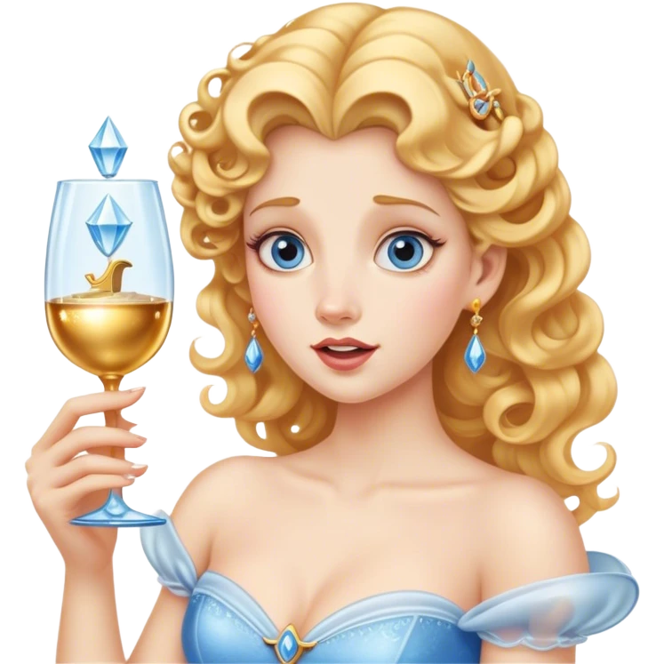Cinematic Funny Cinderella Portrait Emoji, Stunned expression as she holds a glass slipper much too big, one eyebrow raised, golden curls slightly messy, a mix of royal grace and unexpected humor, capturing a lighthearted twist on her fairy tale moment! emoji