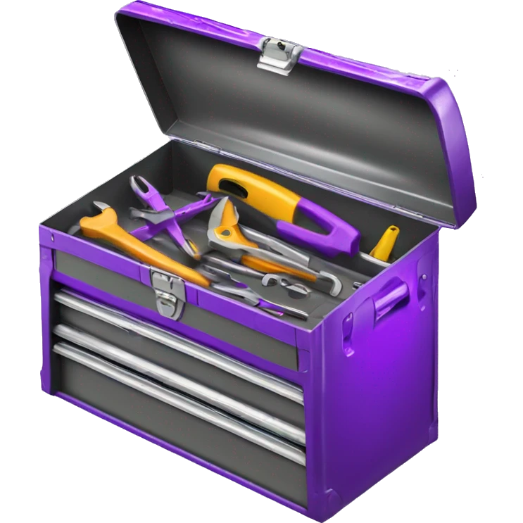 Realistic metallic purple tool box with top open and purple tools inside of it isolated.  emoji