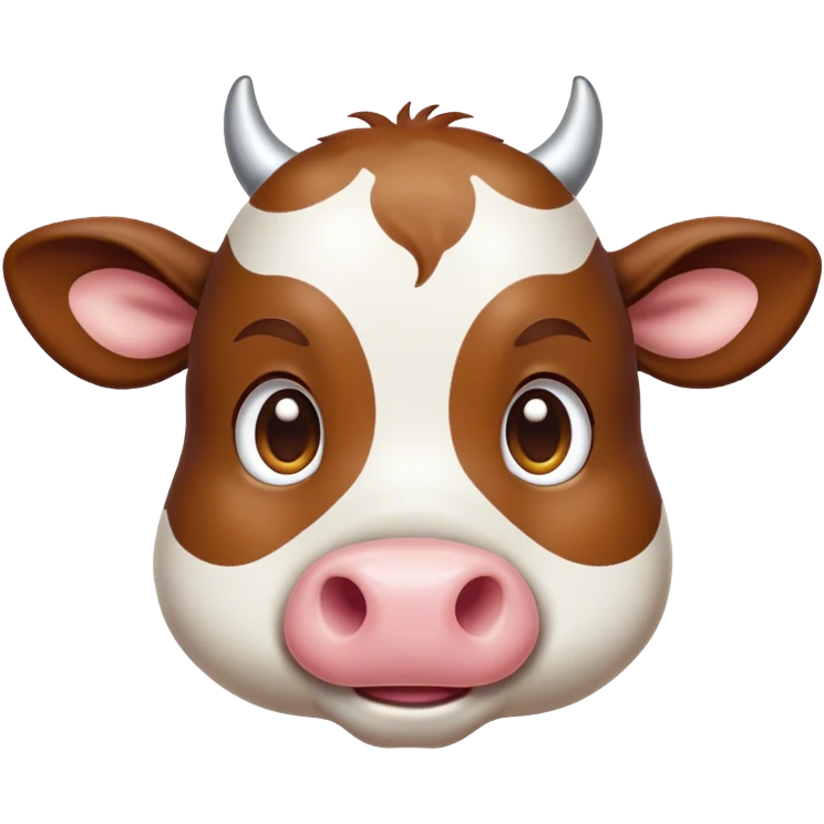 Cinematic Cute Brown and White Cow Portrait Emoji, Head tilted playfully and inquisitively, featuring a glossy, richly patterned hide of brown with striking white patches, round, sparkling brown eyes filled with gentle curiosity, Simplified yet irresistibly adorable features, highly detailed, glowing with a warm, friendly glow, high shine, affectionate and serene, stylized with a touch of country charm, bright and endearing, soft glowing outline, capturing the essence of a mischievous yet loving cow, so playful it feels like it could moo out of the screen and into your arms! emoji