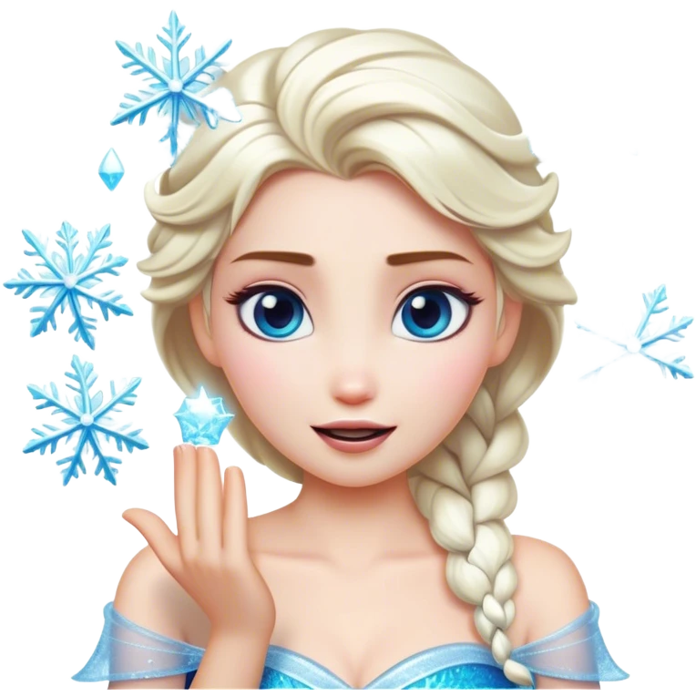 Cinematic Playful Elsa Portrait Emoji, Blowing frost from her hands in a dazzling display, eyes filled with mischief, exuding a magical charm that is both fun and enchanting! emoji
