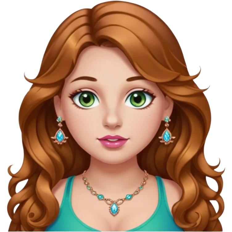 Girl girl long wavy brown hair with caramel highlights, green/blue/gold eyes, plus size, pink girly top, right nostril rose gold nose ring with diamonds embedded emoji