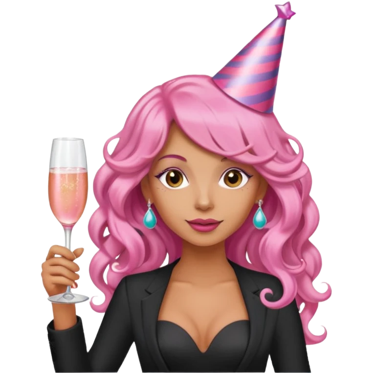 One lady with long pink curled hair and tan skin holding a glass of  pink champagne in each hand emoji