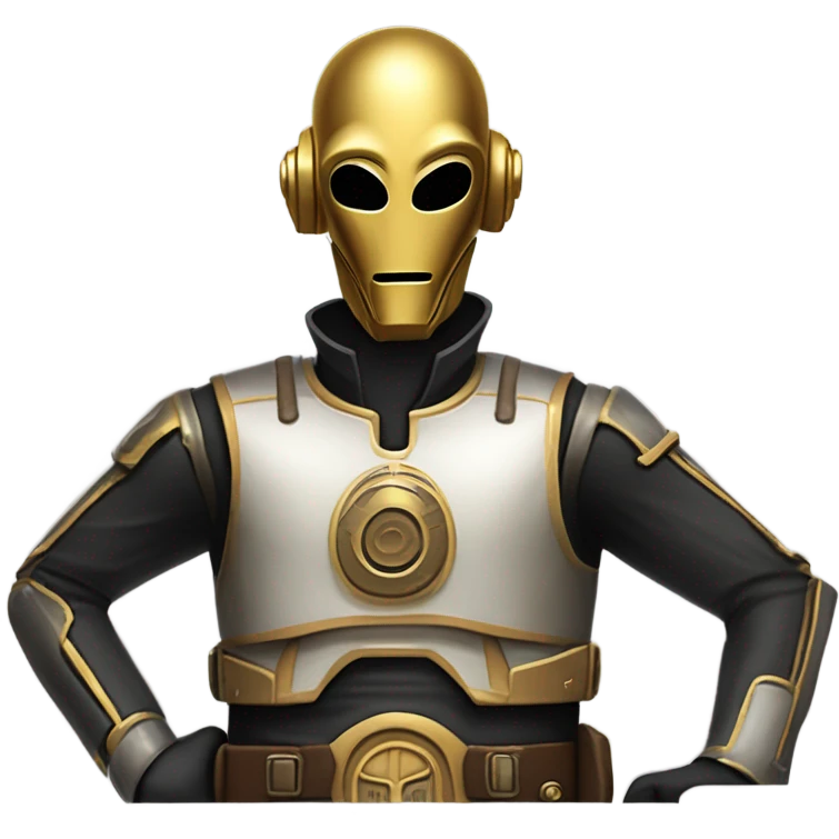 battle rough and tough bounty hunter c3Po wearing Satan’s leather outfit with guns and flat-brimmed hat on head. walking happy emoji