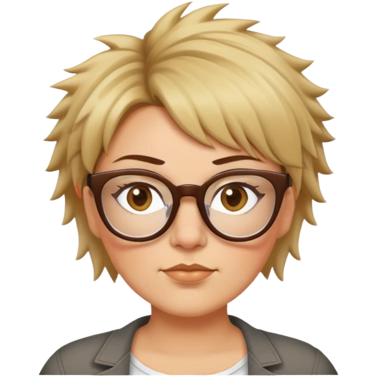  plus size white women with short light brown and blonde shaggy spiked hair wearing glasses with hazel color eyes and flat nose emoji