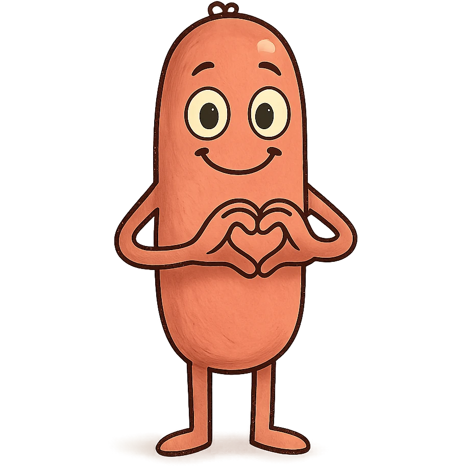 a smiling sausage-shaped humanoid with a pinkish-orange body, simple arms and legs, big eyes, and a happy smile, forming a heart with its hands emoji