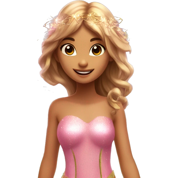 Flora the adult latina fairy of nature in her enchantix fairy pink clothing and fairy enchantix wings and long light brown hair from winx club. Small eyes, Lots of sparkles and fairydust. Full fairy bliss emoji