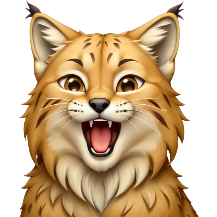 Cinematic-detailed-Yawning-Lynx-Portrait-Emoji – Head tilted slightly with a dramatic, wide-open yawn, revealing a sleek golden-brown fur coat with subtle spots, signature black ear tufts standing tall, round amber eyes barely open in drowsy contentment zoomed out to show the shoulders emoji