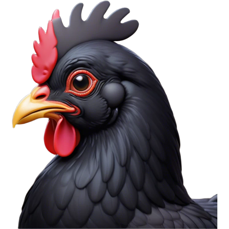 Cinematic Noble Black Chicken Portrait Emoji, Poised and regal, with a compact, sturdy build and a glossy, well-groomed pure black plumage, deep-set soulful beady eyes, Simplified yet sharp and sophisticated features, highly detailed, glowing with a soft, dignified glow, high shine, intelligent and alert, stylized with an air of mysterious elegance, focused and attentive, soft glowing outline, capturing the essence of a watchful and confident fowl, so majestic it feels as though it could strut out of the screen with effortless authority! emoji