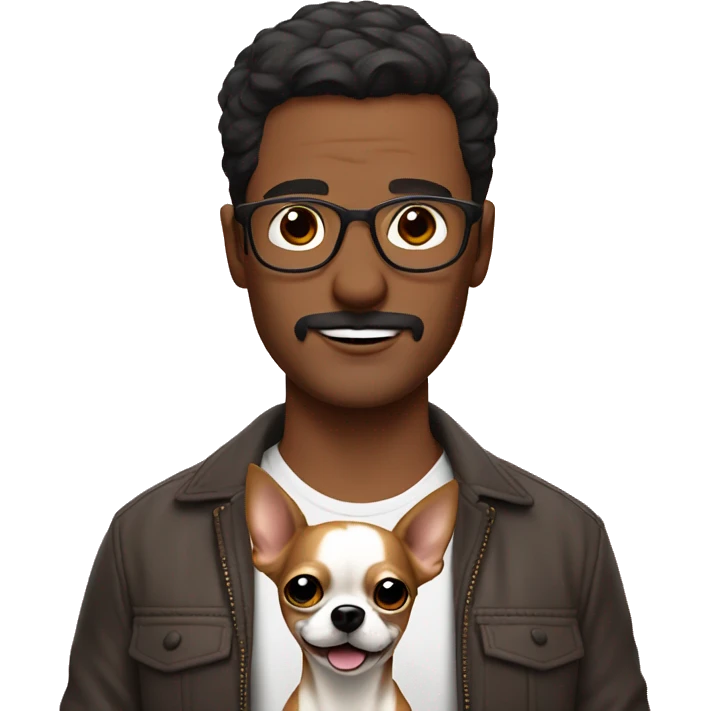 dark hair dark eye man with short mustache wearing glasses holding chihuahua emoji