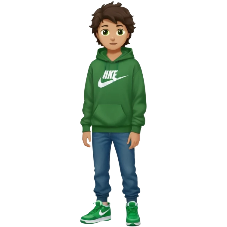 a 14 year old slightly tanned teenage boy with dark brown tousled wavy hair, dark brown eyes wearing a green tshirt, a dark green hoodie, blue jeans and green nike air jordans emoji