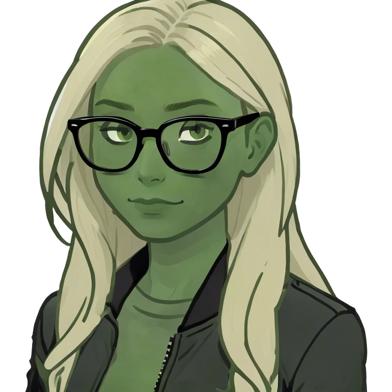 girl with black jacket , blonde hair long , and black glasses  emoji
