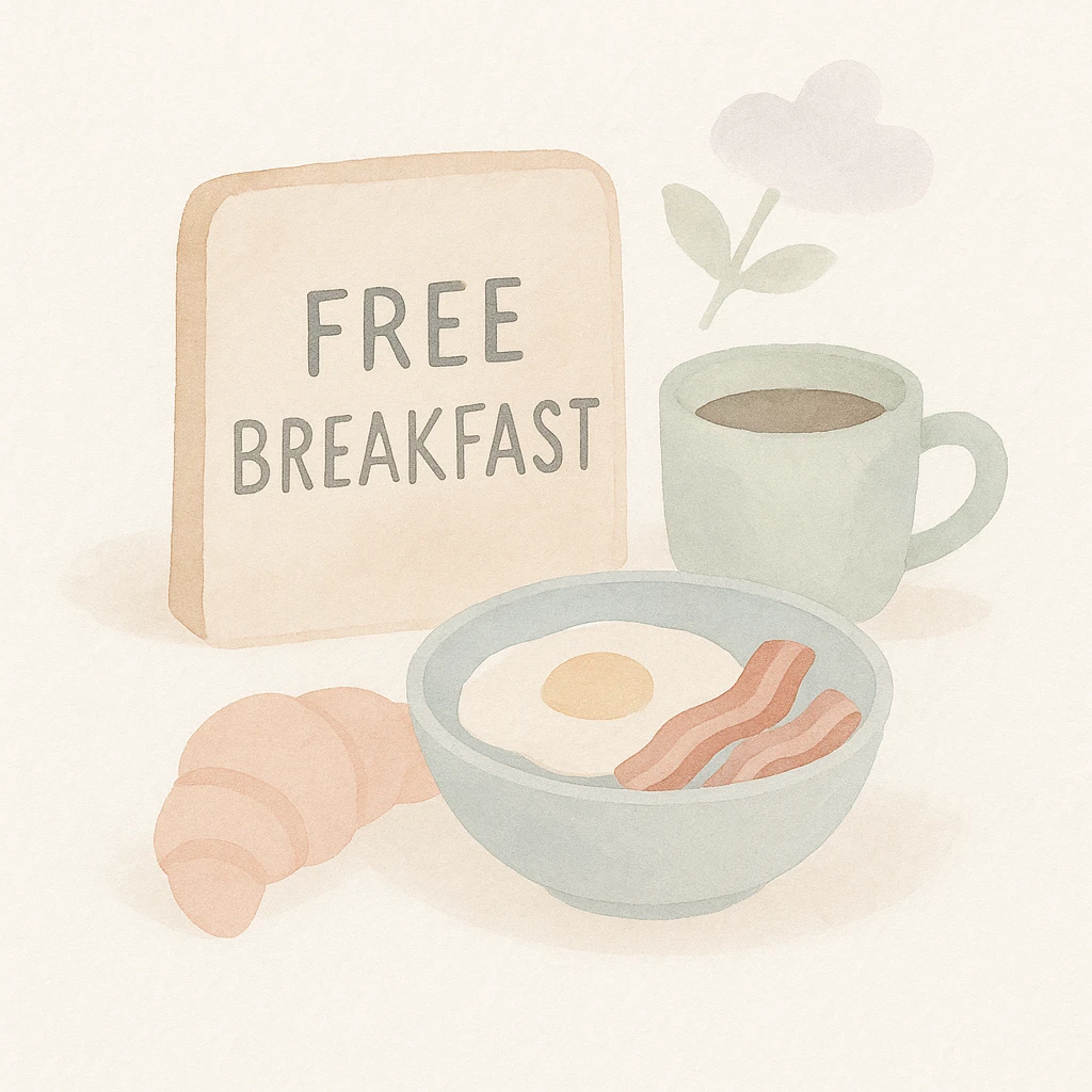soft watercolor illustration in a minimalist modern style, pastel colors, delicate linework, gentle whimsical mood, minimal soft shading, 'Free Breakfast' sign emoji