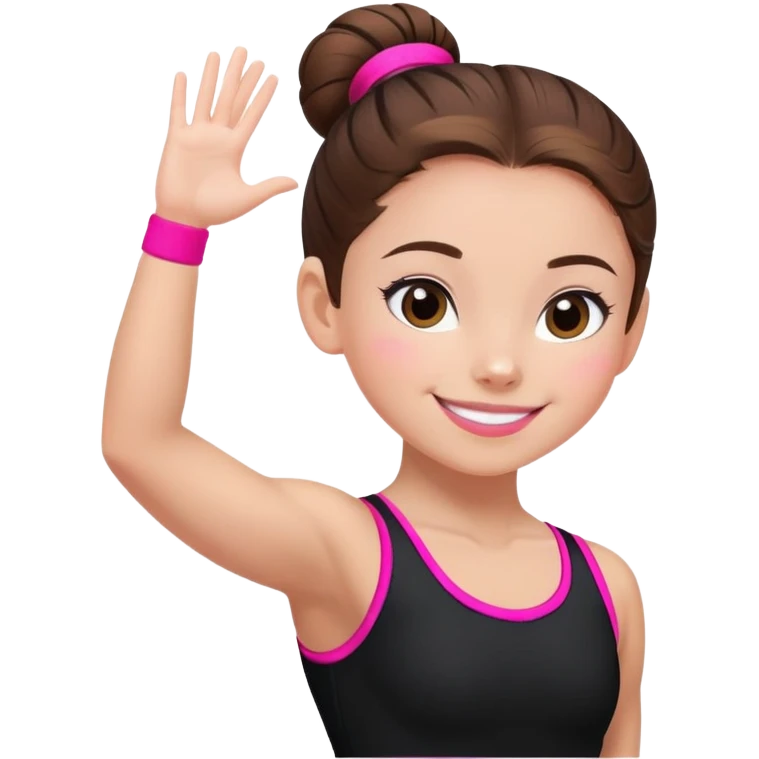 Happy female gymnast with brown hair in a neat bun, wearing a black uniform with neon pink elements. emoji