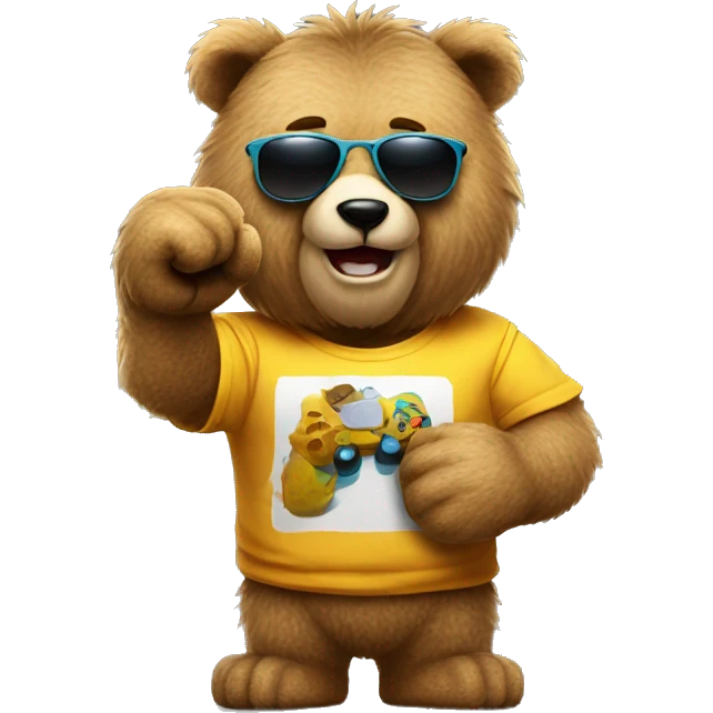 Fuzzy bear wearing a gaming shirt and wearing sunglasses and giving a fist bump  emoji