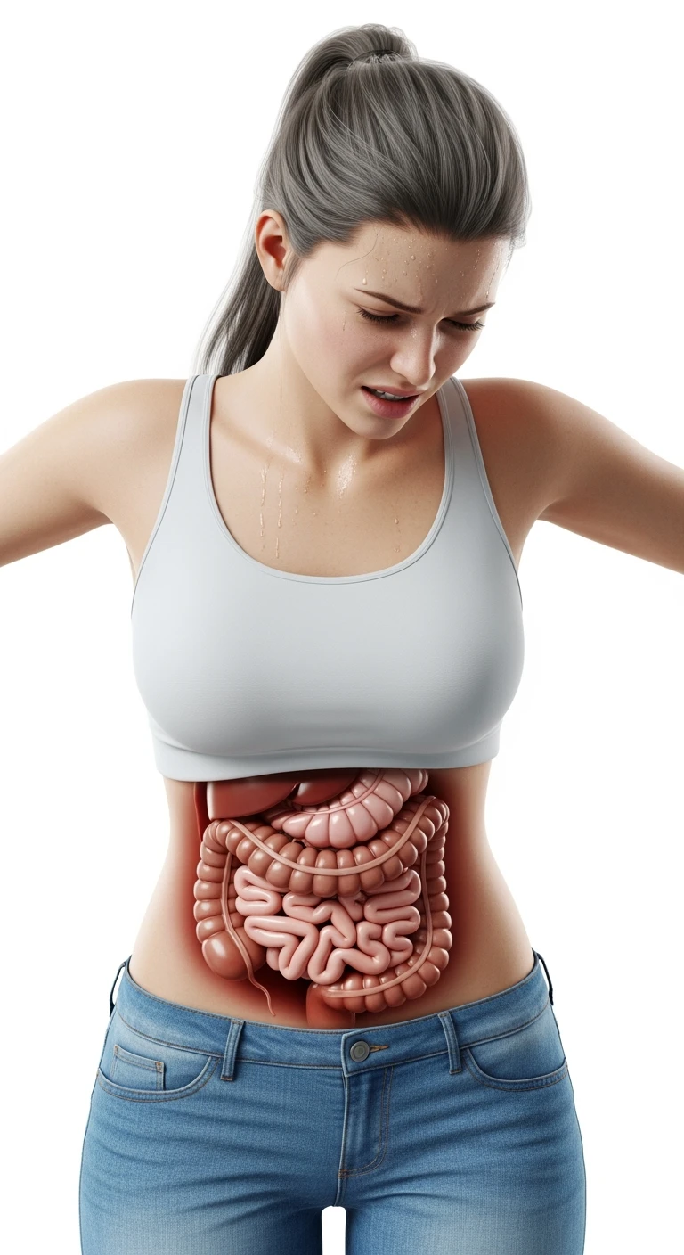 donna con intestino realistico e mal di pancia, iperrealistico 4k, isolata su sfondo bianco emoji