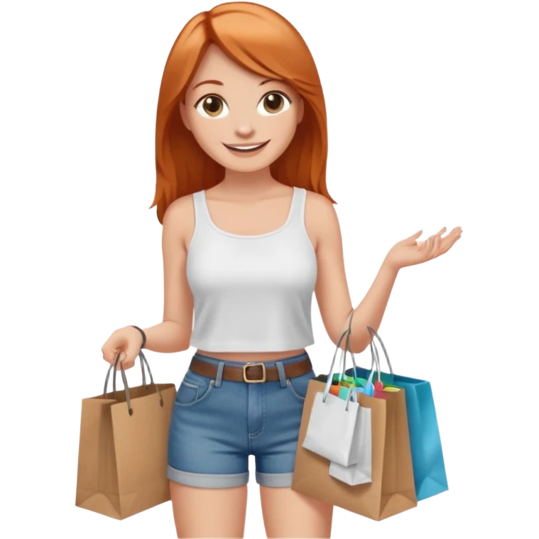 Mujer joven blanca de contextura media sonriendo con ojos chinos con cabello largo cobrizo vestida con top blanco y short de jean con bolsas de compras de ropa emoji