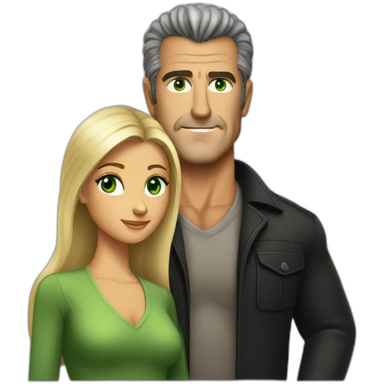 Mel gibson with a blond straight square cut woman with green eyes emoji