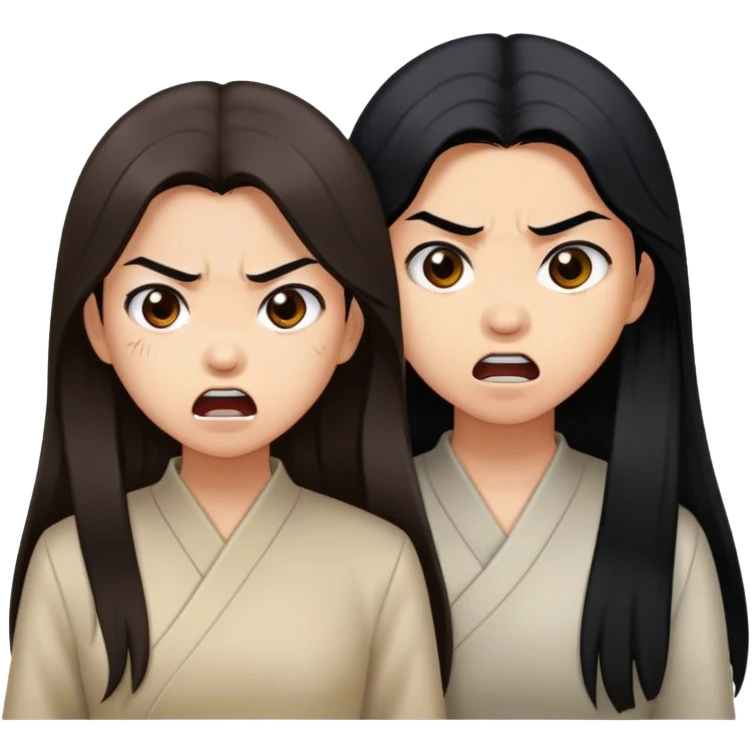 two asian girls angry with long brown hair and long black hair emoji