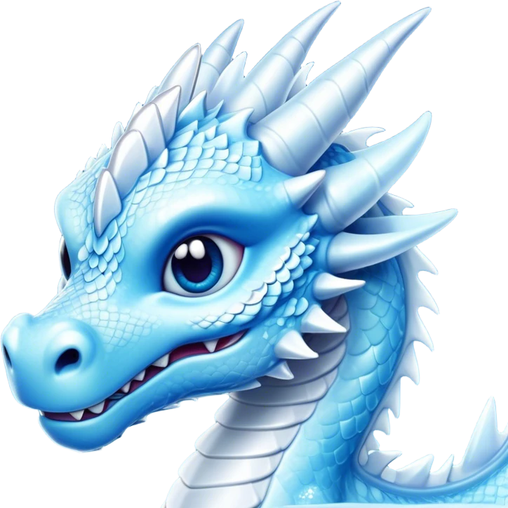 Cinematic Cute Beautiful Ice Dragon Portrait Emoji, Head tilted playfully and inquisitively, featuring a sleek, glacial form with intricately detailed, frost-kissed scales in shimmering blues and sparkling silver, accented by delicate ice crystal patterns and a gentle, enchanting glow; rendered with lifelike clarity and soft, natural light, high shine, charming and cool, styled with a touch of wintry fantasy, soft glowing outline, capturing the essence of a mischievous yet endearing ice guardian poised to twirl playfully into your dreams! emoji