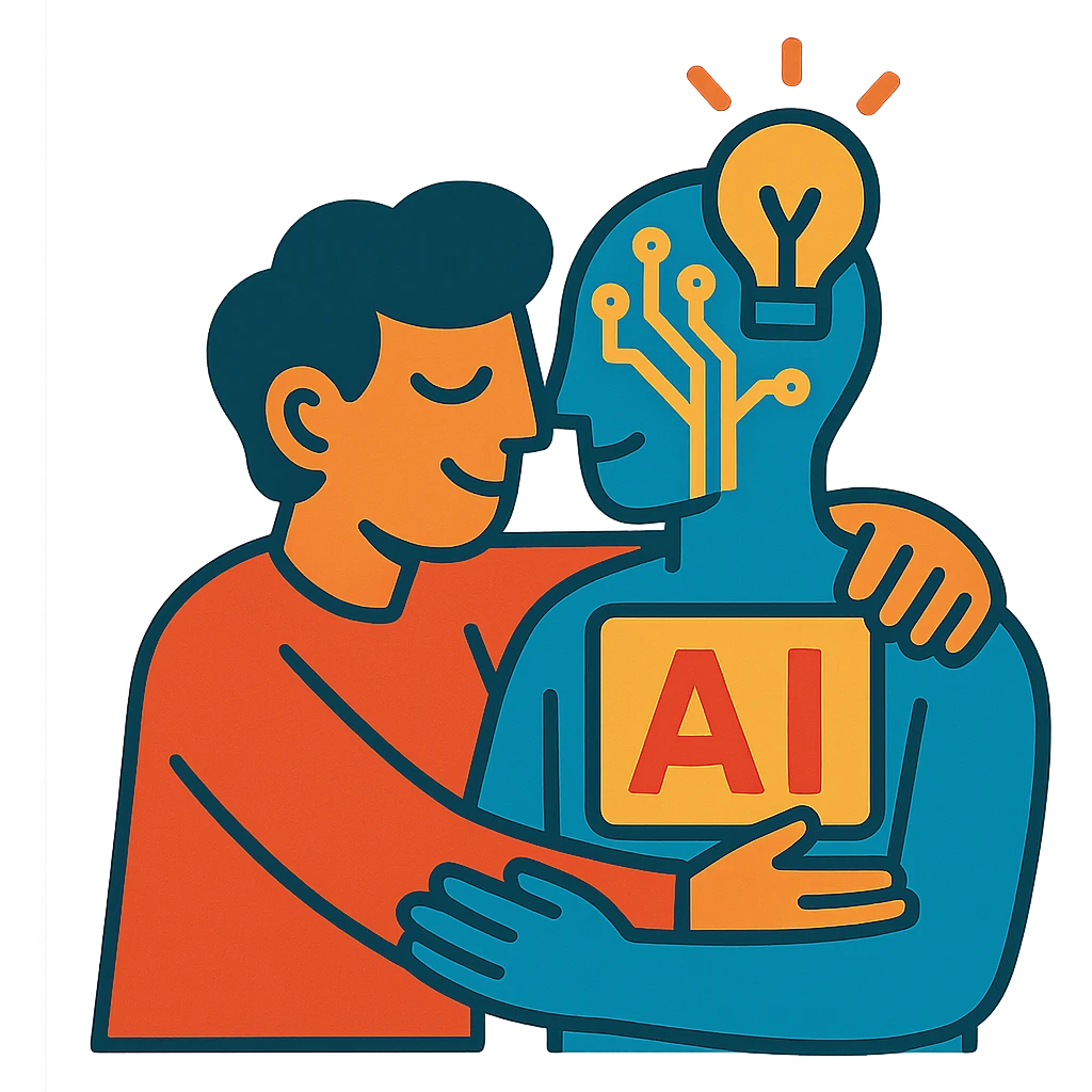 person and abstract AI icon with circuitry, light, or data in a warm embrace emoji