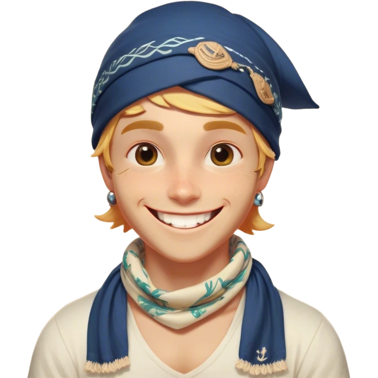 Clash of Clans aesthetic Playful Pirate Portrait Emoji, Head tilted with a roguish, cheeky grin and twinkling eyes, featuring a compact, spirited build with a jaunty hat and a quirky bandana, his natural skin tone evident, Simplified yet irresistibly charming features, highly detailed, glowing with a warm, inviting oceanic glow, high shine, spirited and lively, stylized with an air of whimsical maritime mischief, soft glowing outline, capturing the essence of a playful pirate exuding friendly rogue charm! emoji