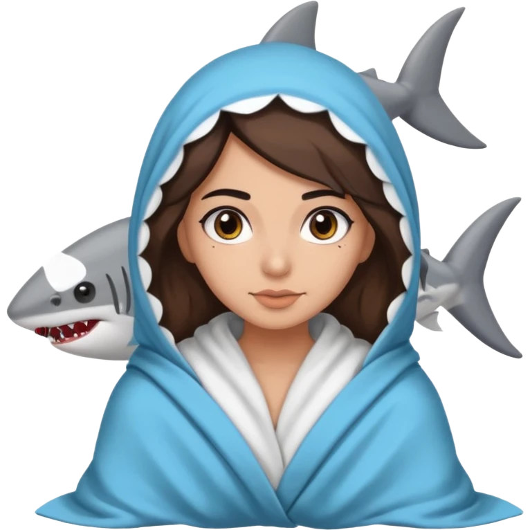 Egyptian-haired girl with black eyebrows, brown hair, Iranian descent, wearing a shark costume with a blanket. emoji