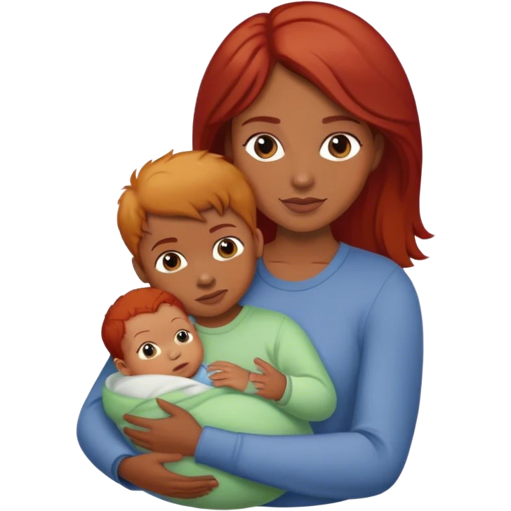 A mother with brown hair holds a red-haired baby and a blond boy  emoji