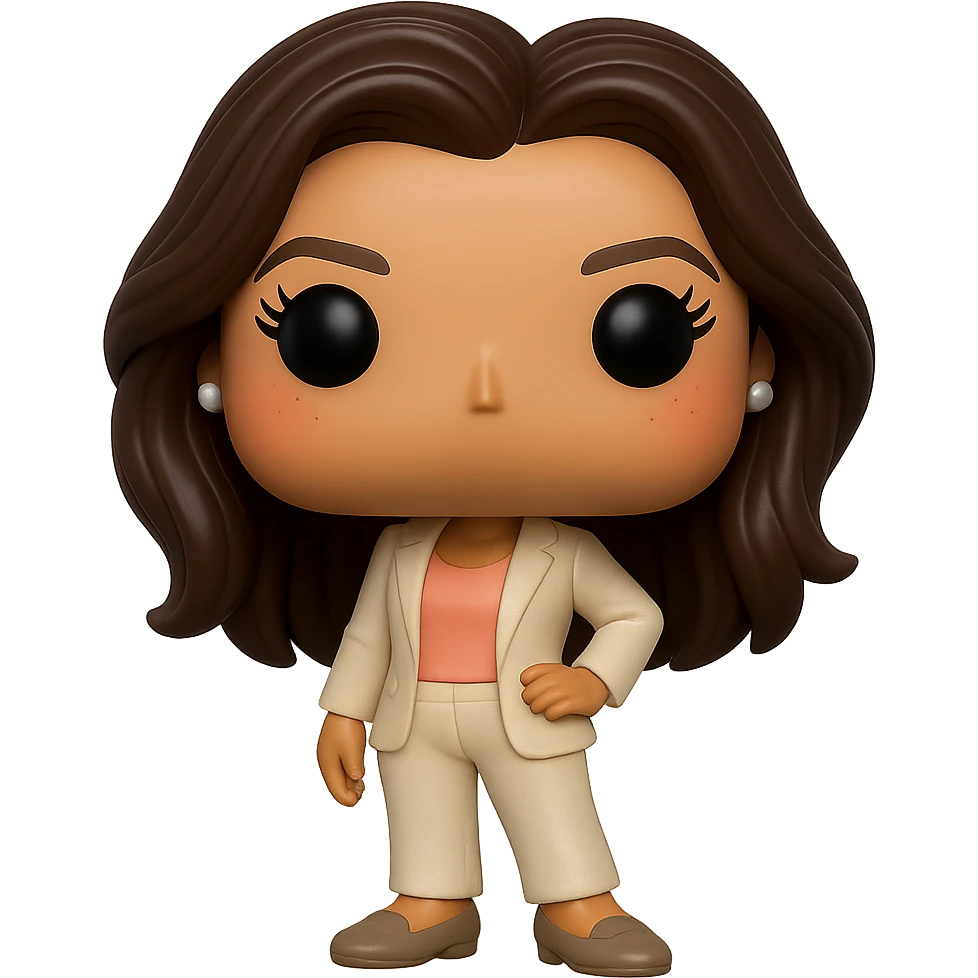 Edit the image to depict Eva Longoria in Funko Pop style vinyl figure with superior quality, luminous smooth tanned skin, detailed dark hair, textured cream blazer, peach top, cream bottoms, small pearly earrings, greige leather loafers clearly visible, cool pose, rosy cheeks, discreet freckles on the cheeks, eyelashes, mischievous and cheerful expression, no mouth, transparent background. emoji